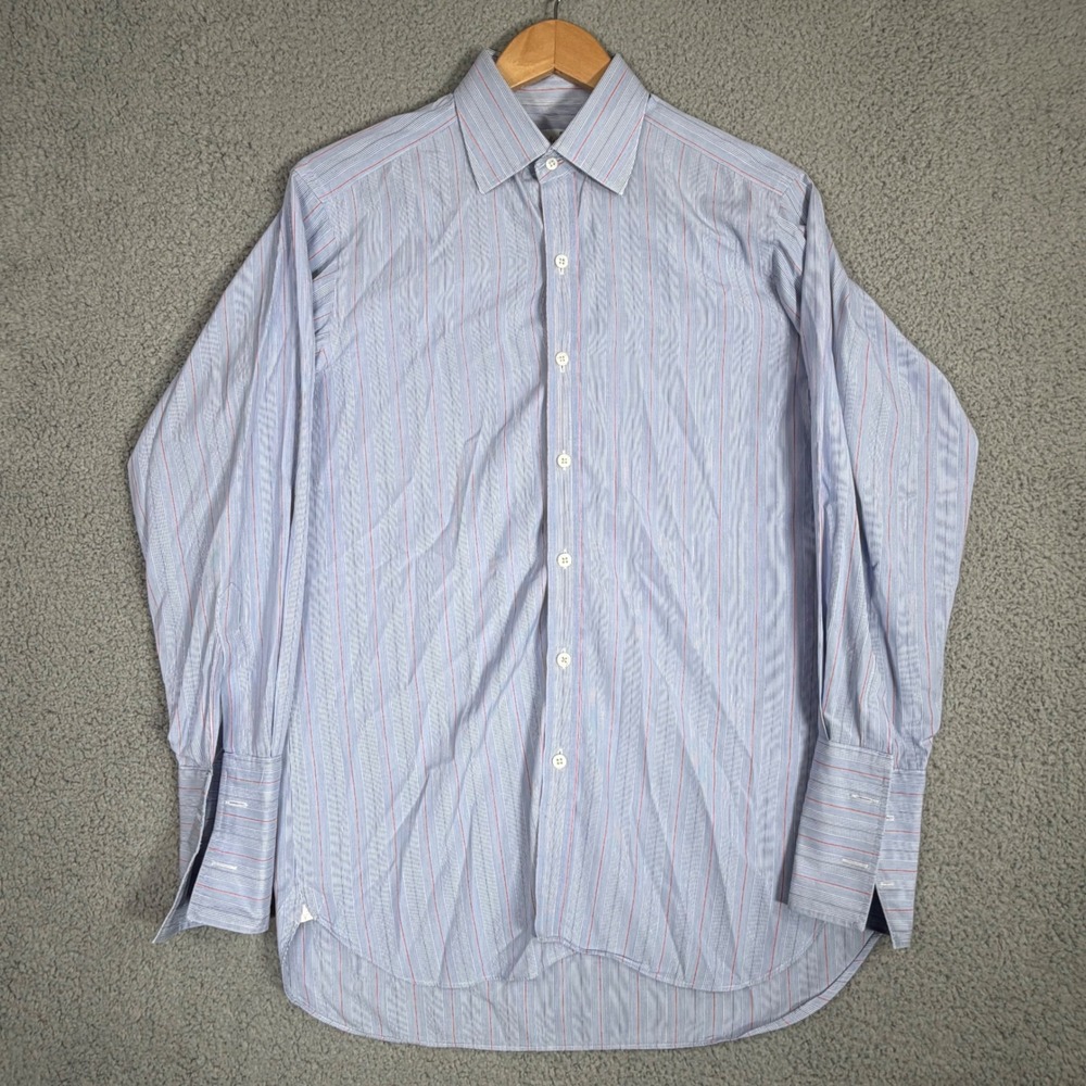 Turnbull & Asser Shirt Mens 15 38 Blue Red Stripe Neiman Marcus Exclusive UK